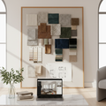Dallas design studio with mood board, fabric swatches, and laptop showing a Zoom client call