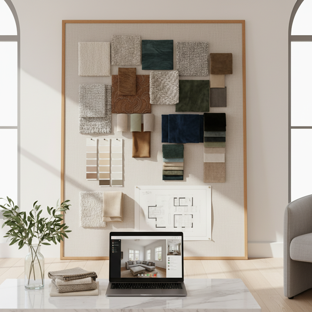 Dallas design studio with mood board, fabric swatches, and laptop showing a Zoom client call