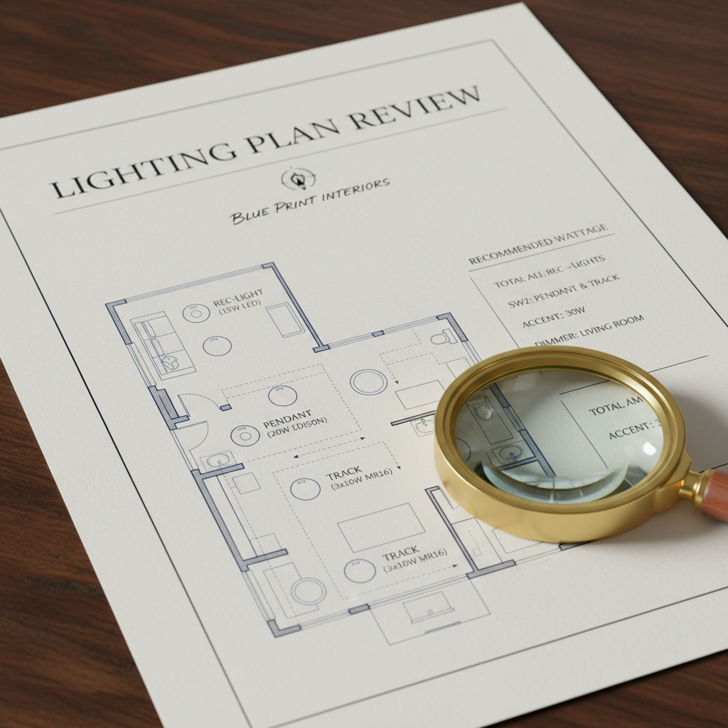 Annotated Lighting Plan Review document with fixture types, wattage notes, and Blue Print Interiors branding