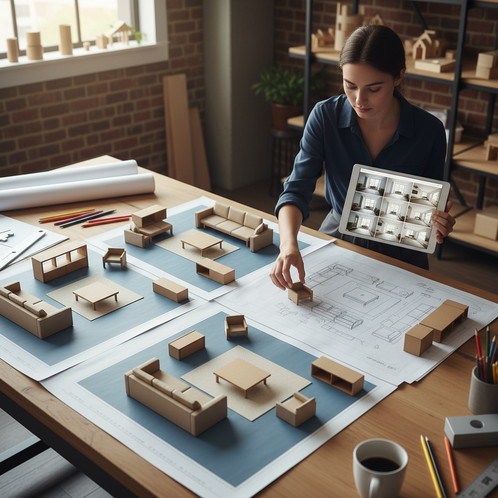 Designer arranging scaled furniture cutouts on a printed floor plan with tracing paper alternatives