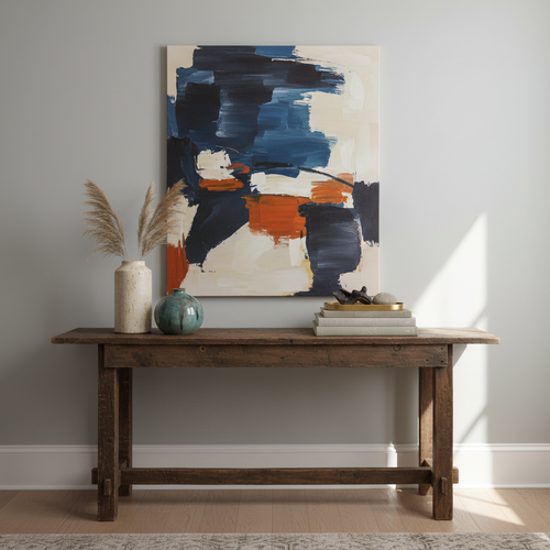 Beautifully styled Dallas console table with abstract painting, ceramic vases, brass tray, and sculptural objects