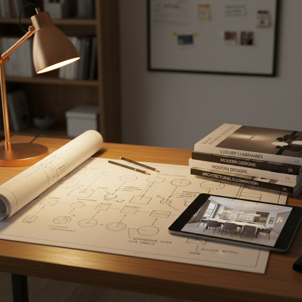 Designer's desk with printed dining room lighting plan, lighting catalogs, and tablet showing 3D rendering