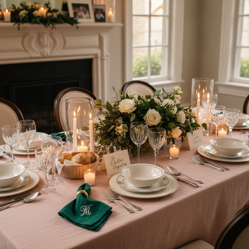 Beautifully set Dallas dining table with elegant dinnerware, crystal glassware, and handwritten registry card