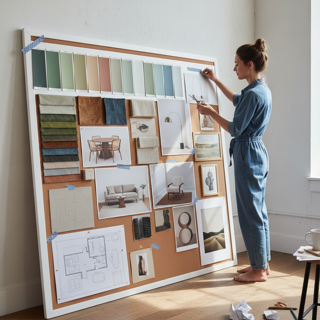 Designer adding final image to a large concept board with paint samples, fabric swatches, and furniture references