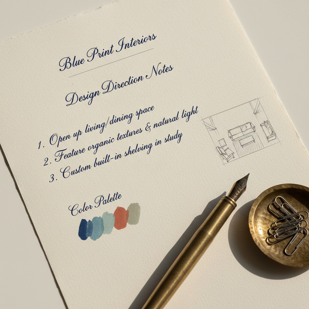 Handwritten Design Direction Notes on Blue Print Interiors letterhead with brass pen