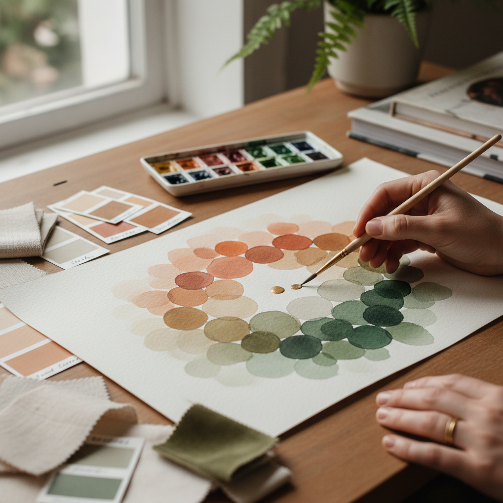 Designer adding final accent color to a custom watercolor palette with paint chips and fabric swatches