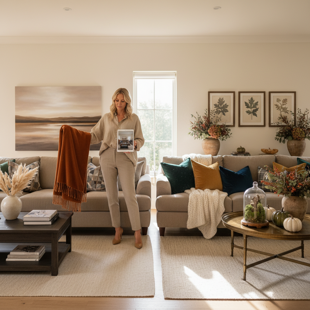 Living room in transition with designer holding new textile alongside seasonal update proposals