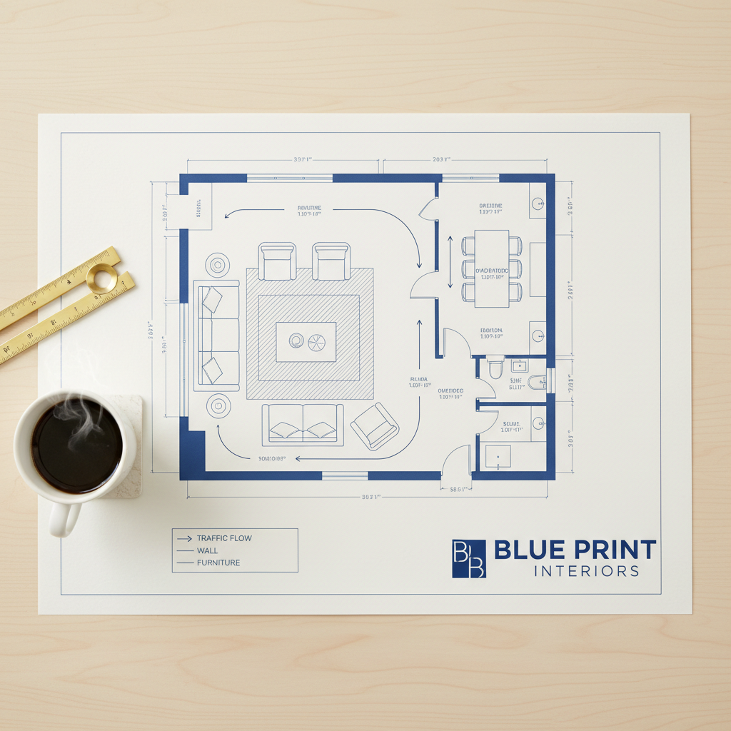 Clean annotated furniture layout floor plan with traffic flow arrows and Blue Print Interiors branding