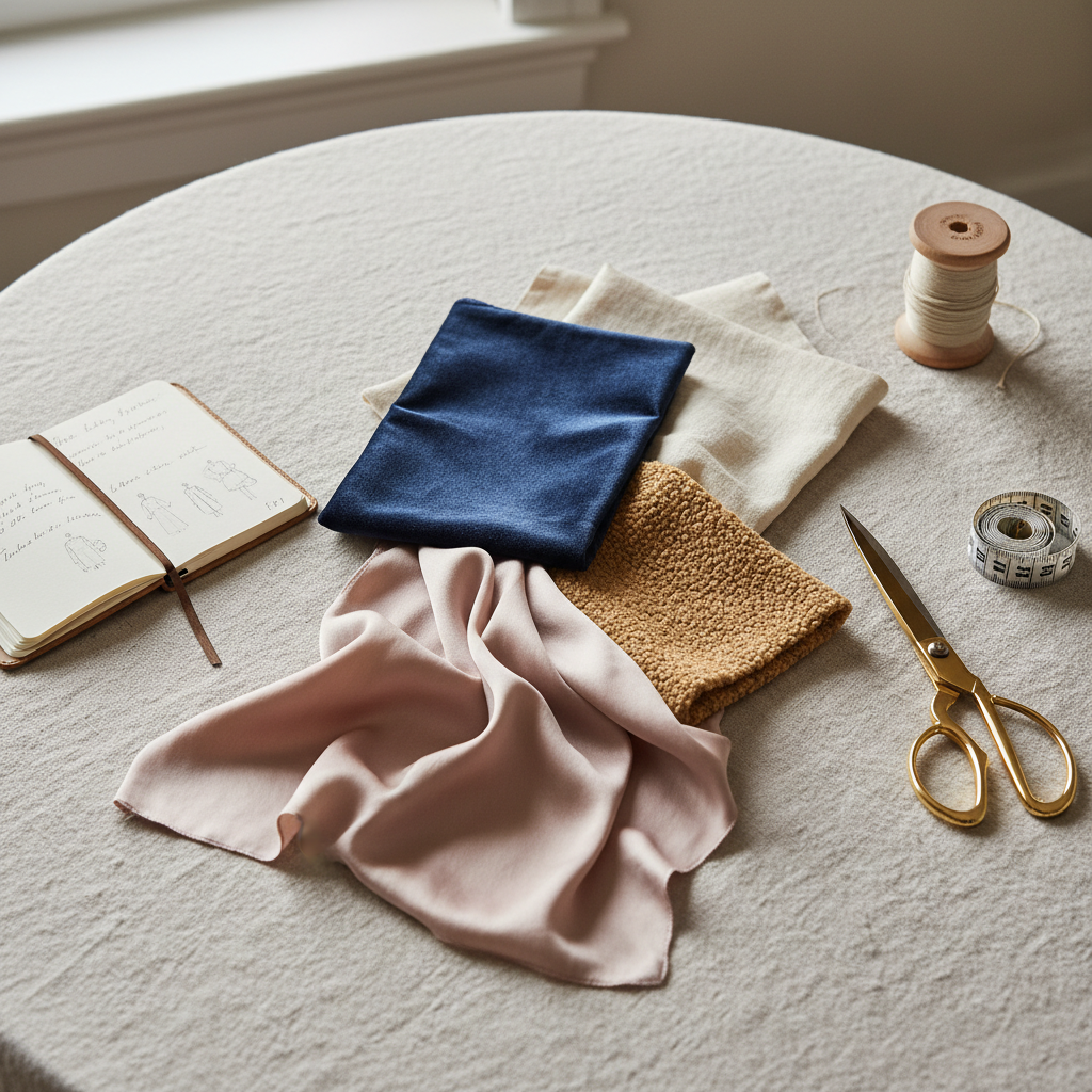 Luxurious flat lay of high-end textiles including velvet, linen, silk, and boucle with handwritten notes