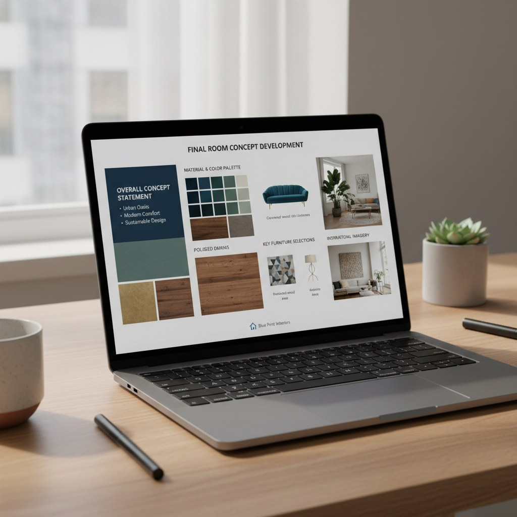Room Concept Development digital presentation open on laptop showing concept statement, palette, and furniture selections