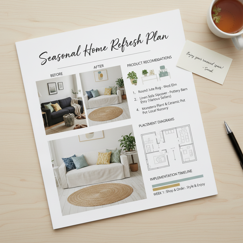 Seasonal Home Refresh Plan document with before-and-after imagery, shopping list, and handwritten designer note